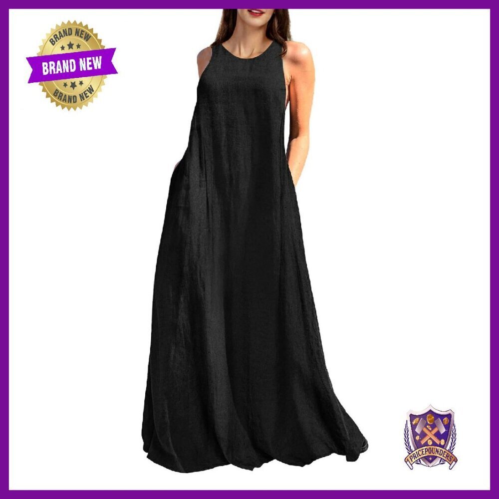 Linen Maxi Dress with Pockets Sleeveless Casual Long Dress
